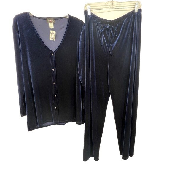 Vintage Adrian Karen Blue Velvet Pantsuit Set Sz 1X Wide Leg Elegant Party - Picture 1 of 16